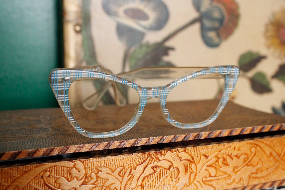 1950s Clear Frames with Blue Plaid Pattern Eyeglasses