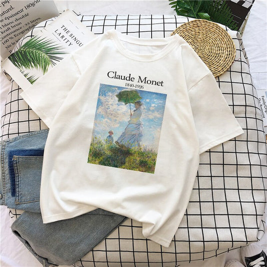 Claude Monet New Summer Female Art Large Size Loose Short Sleeve Casual Letter Printing Harajuku ins tops tees Vintage T-Shirt