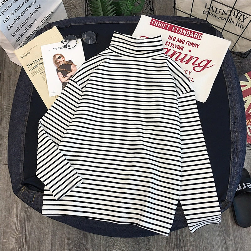 New Striped Inner Turtleneck Long Sleeve T-Shirt Women Spring Autumn Bottoming Tees Female Comfortable Cotton Knitted Tshirts
