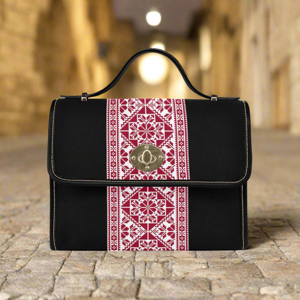 Palestinian Tatreez Print Canvas Bag - Black