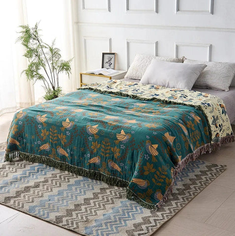 Luksuriøs Dobbeltsidet Plaid Tæppe - Boho - Tassel - Bomuld