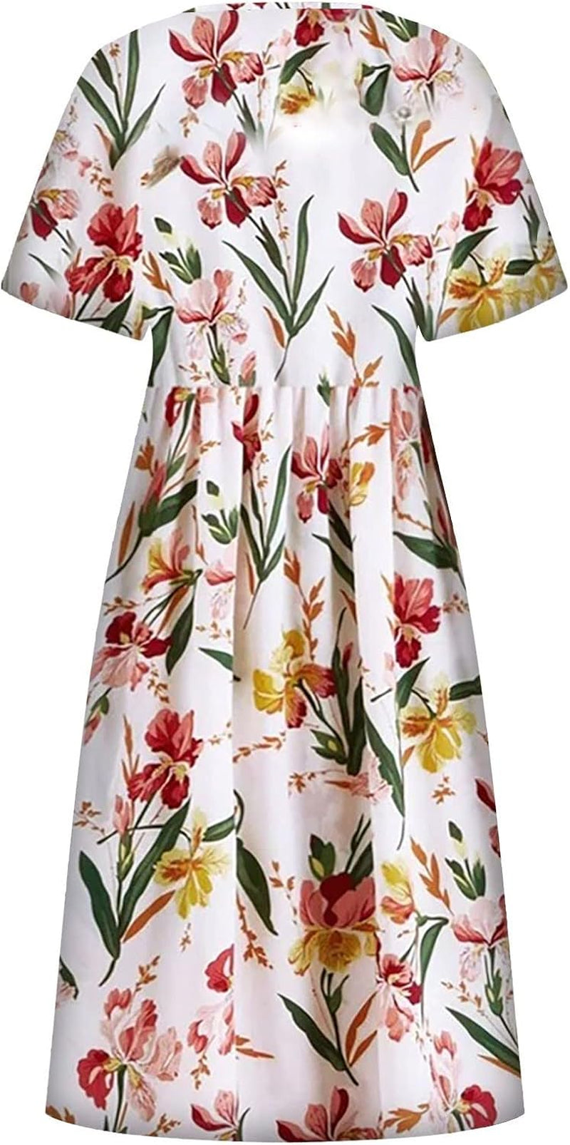 Women's High Waist Printed Short Sleeve Casual Dress with Round Neck and Pleated Pocket - Image 4