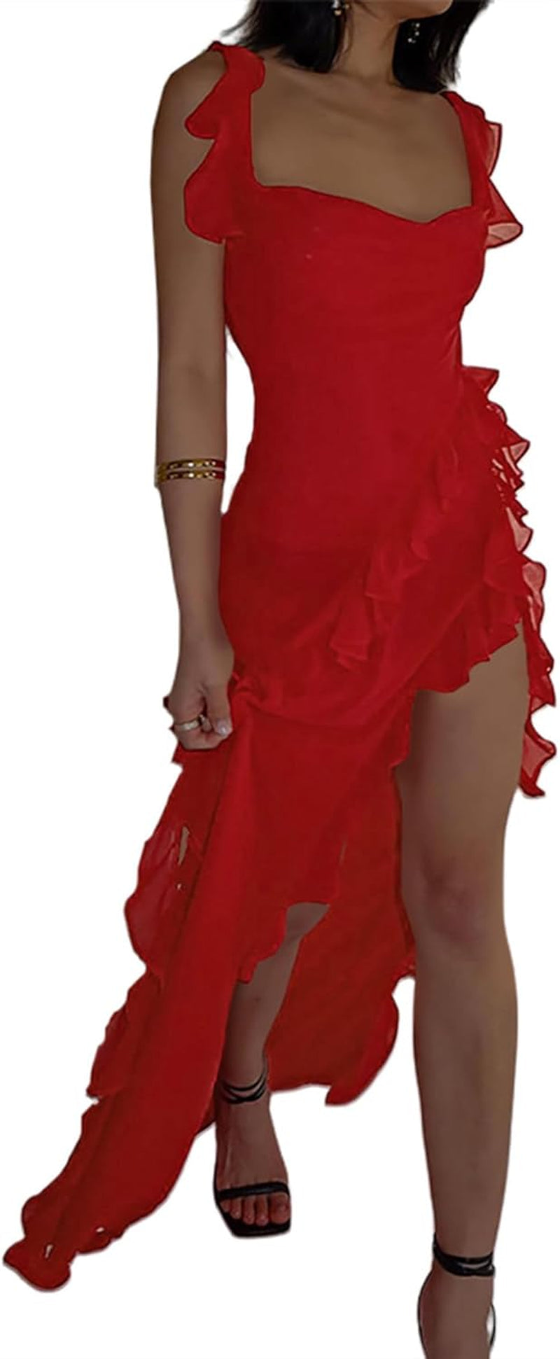 Square Neck Backless Maxi Dress with High Slit for Women