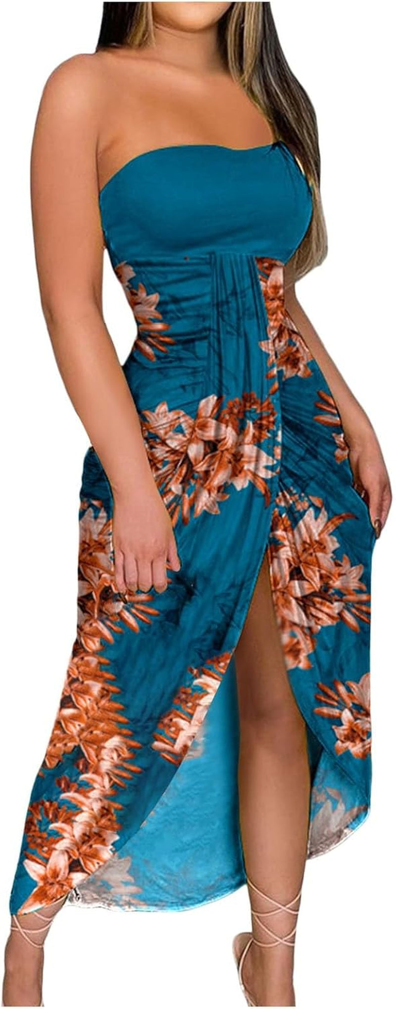Strapless High Waist Beach Maxi Dress with Asymmetrical Wrap Detail