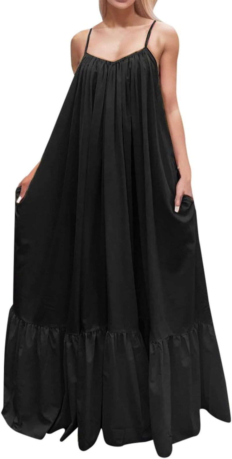 V-Neck Lace-Up Maxi Dress: Summer Beach Comfort with Pockets