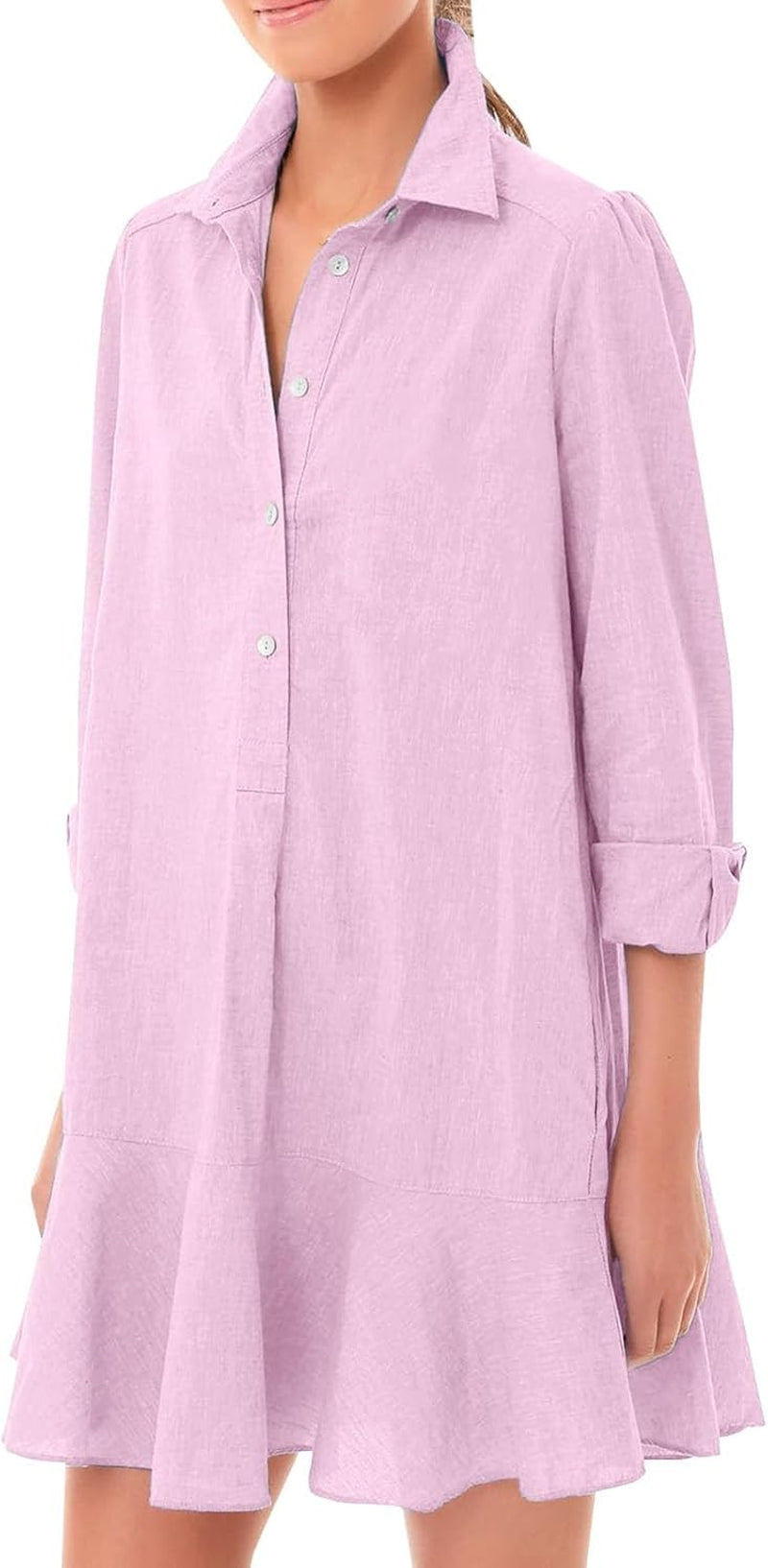 Women's Cotton Linen Tunic Shirt Dress with Ruffle Hem and Long Sleeves - Image 9
