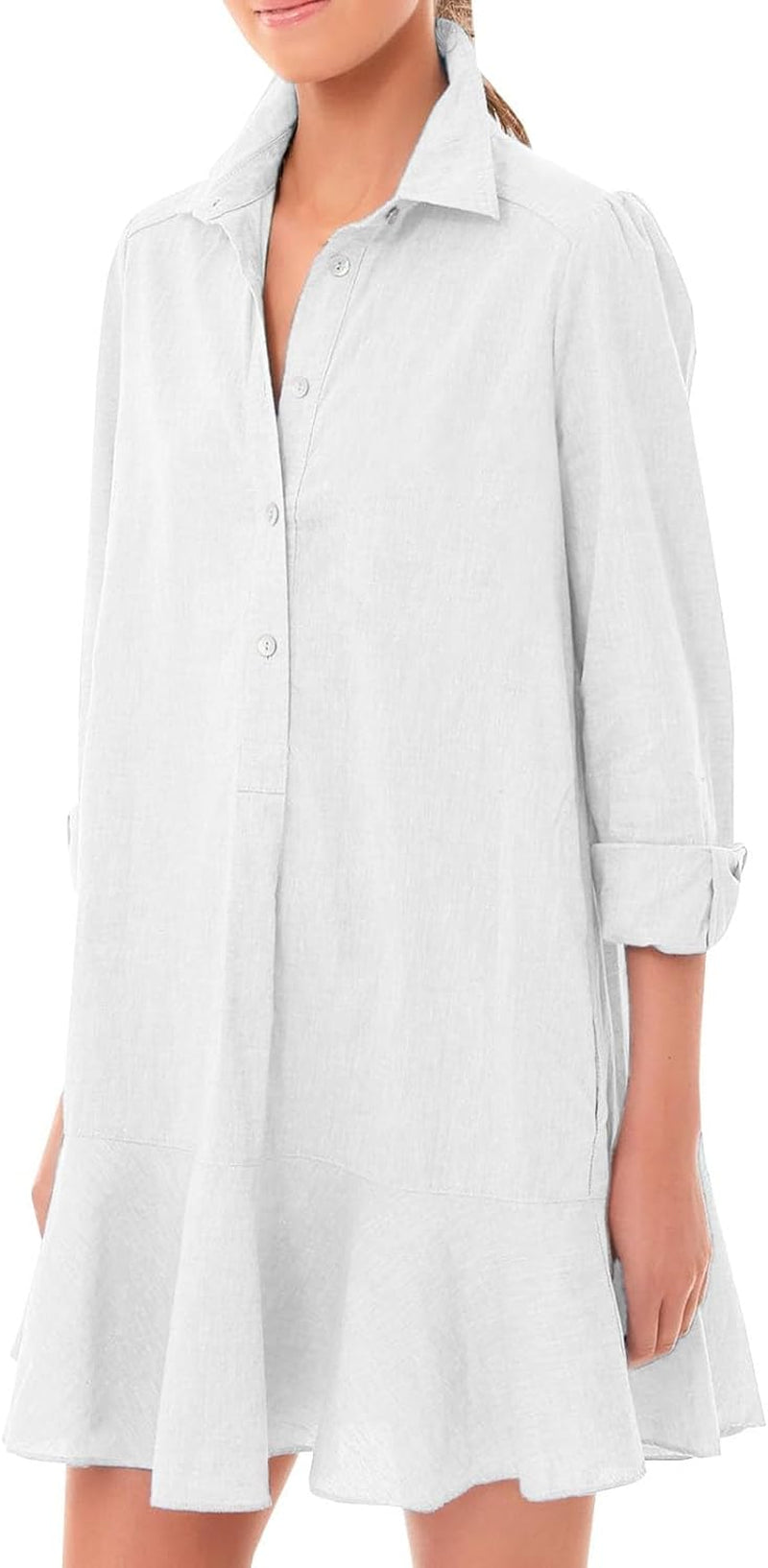 Women's Cotton Linen Tunic Shirt Dress with Ruffle Hem and Long Sleeves - Image 8