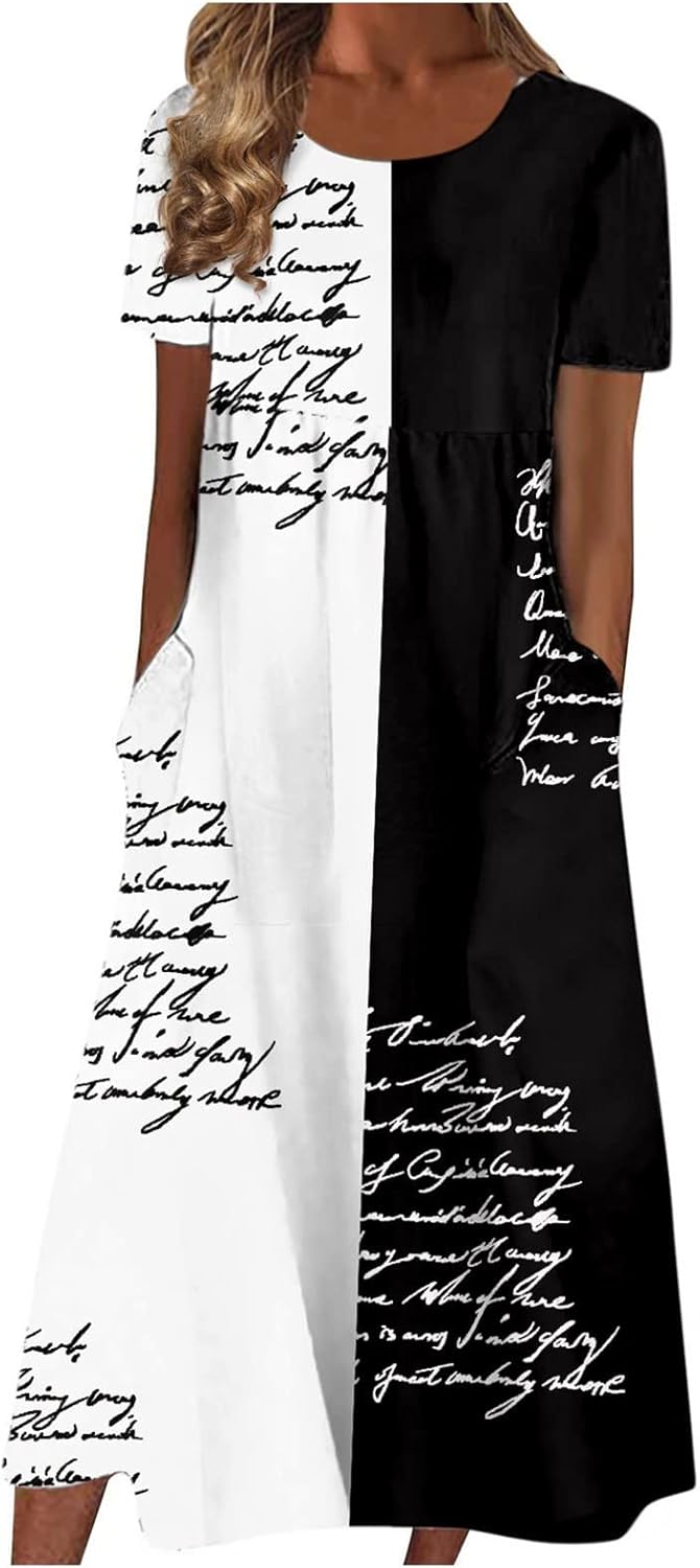 Women's High Waist Printed Short Sleeve Dress with Pleated Pocket - Casual Loose Fit - Image 20