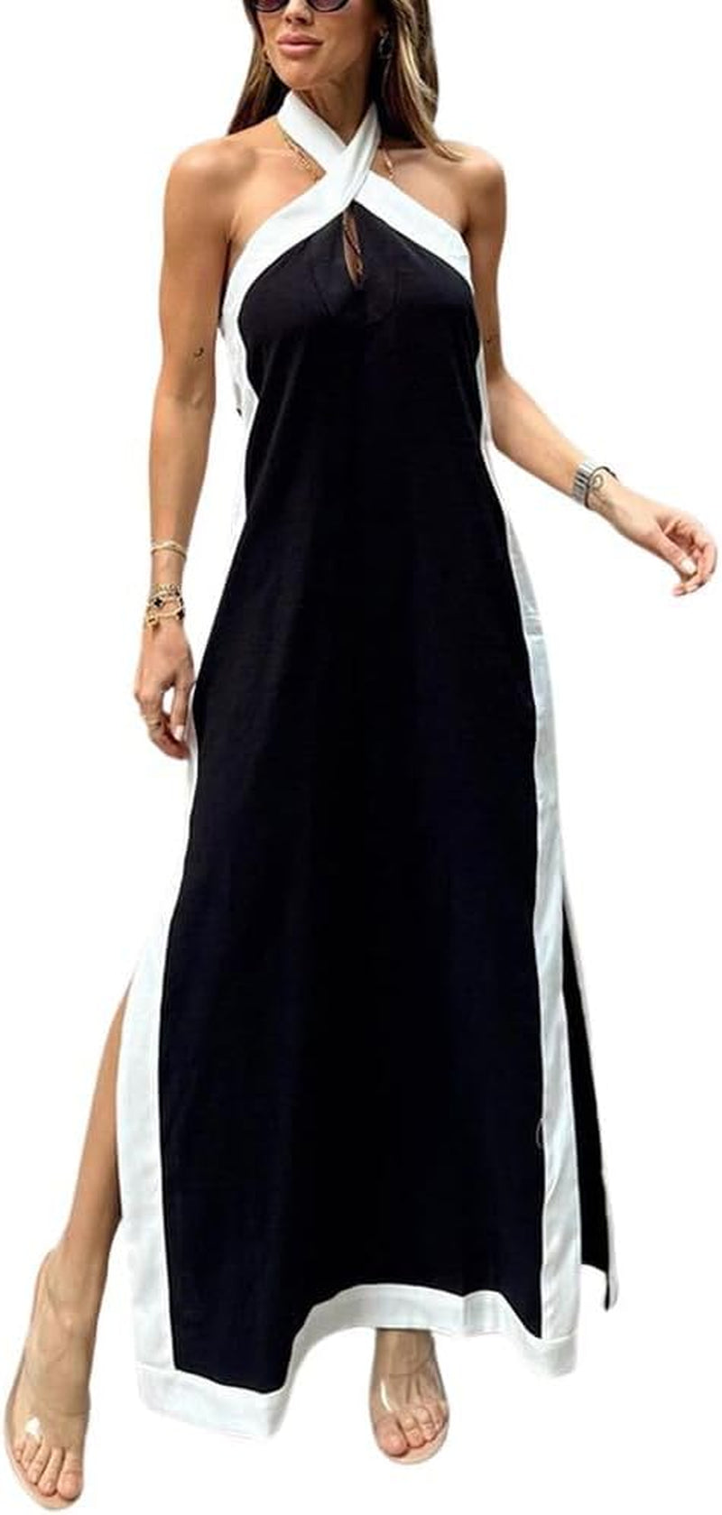 Women's Elegant Halter Neck Linen Maxi Dress with Side Slit and Color Block Design