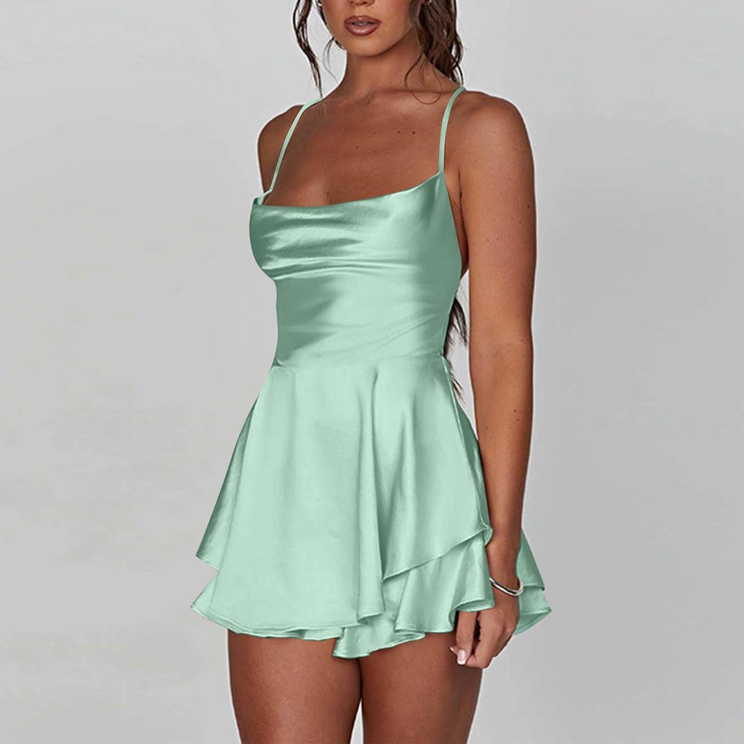 Women's Elegant Satin Backless Dress with Cowl Neck and Cross Spaghetti Straps - Image 9