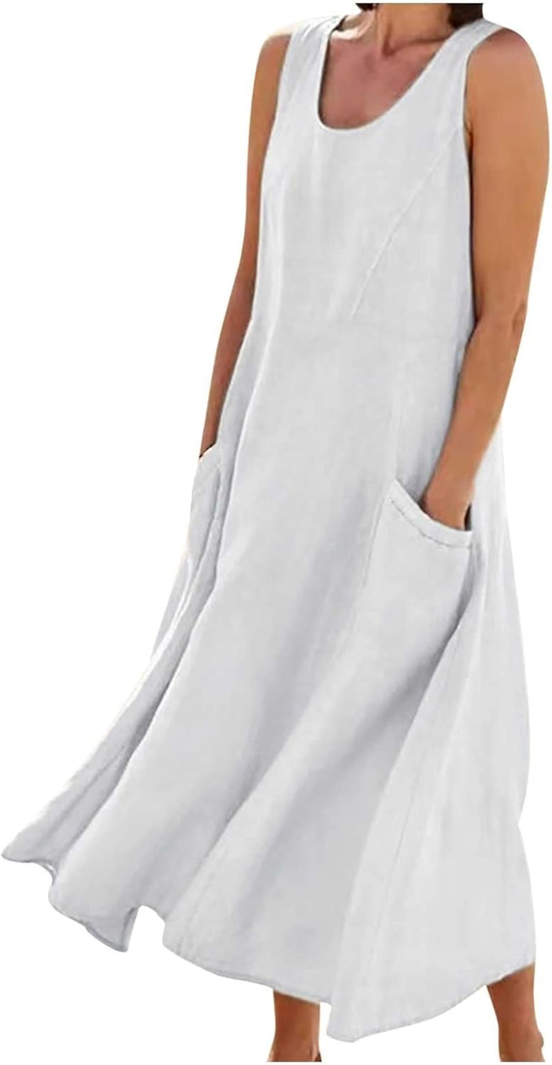 Trendy Summer Dresses: Sleeveless Empire Waist Linen Dress with Pockets