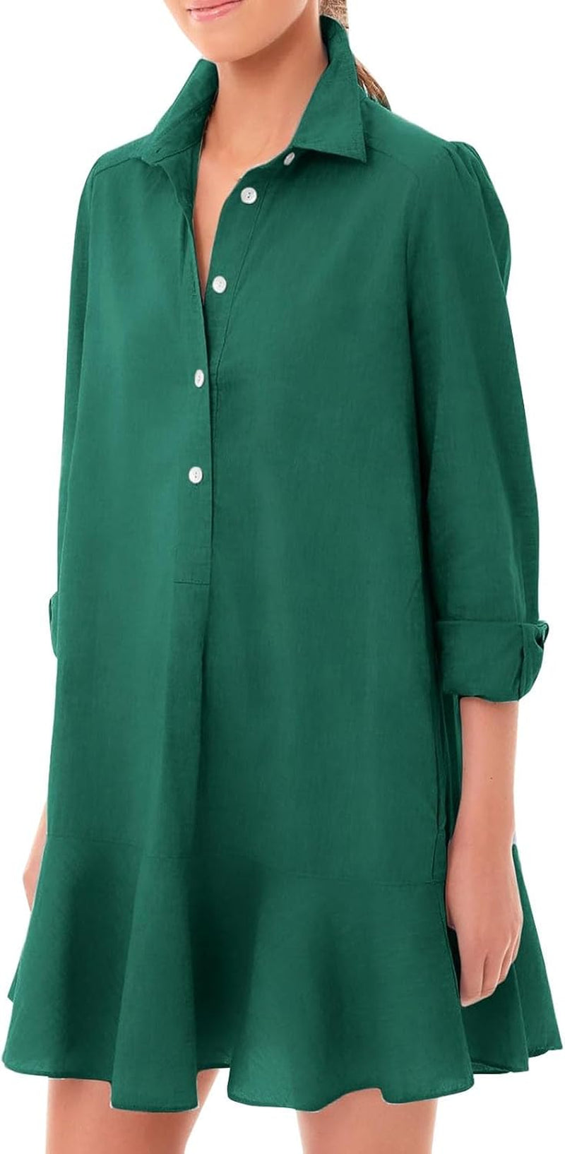 Women's Cotton Linen Tunic Shirt Dress with Ruffle Hem and Long Sleeves