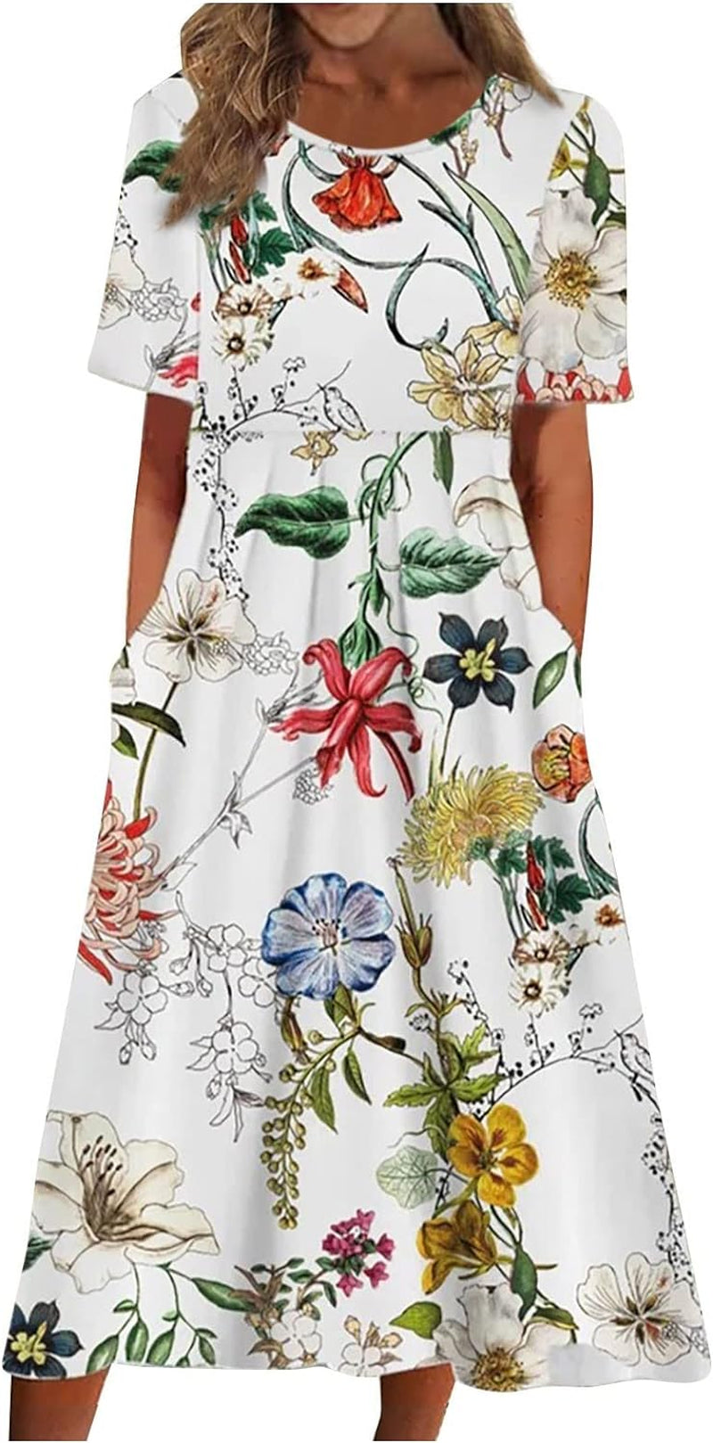 Women's High Waist Printed Short Sleeve Dress with Pleated Pocket - Casual Loose Fit - Image 27