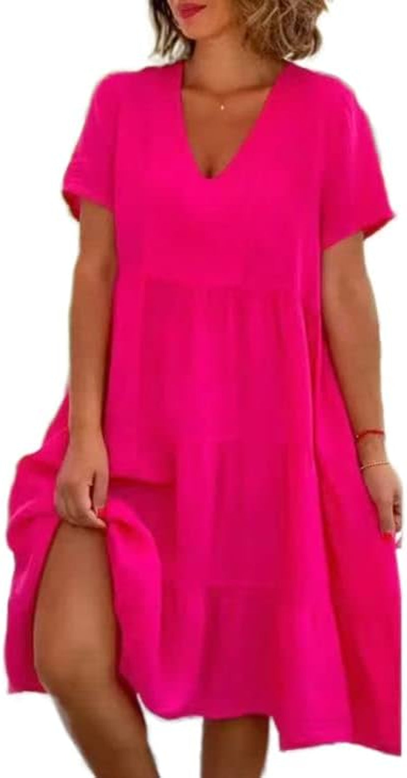 Women's Cotton Linen Tiered A-Line Knee Length Dress - Image 8