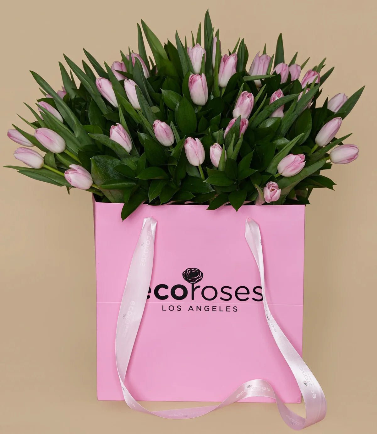 Bright tulip bouquet in a flower bag, featuring 60 yellow and red tulips