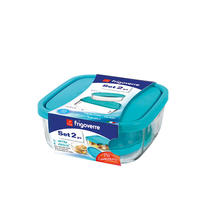 Square glass food container blue plastic lid 6 x 6  / 15 x 15 cm -  Frigoverre - Bormioli