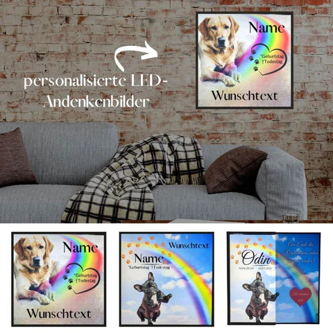 LED-Wandbilder mit personalisierten Hundeportraits und Regenbogen auf Backsteinhintergrund.