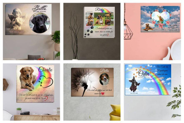 Leinwandbilder mit Haustiere an einer Wand. Alle Bilder auf Leinwand sind mit Tierportraits, Tiernamen und Trauerzitate personalisiert.