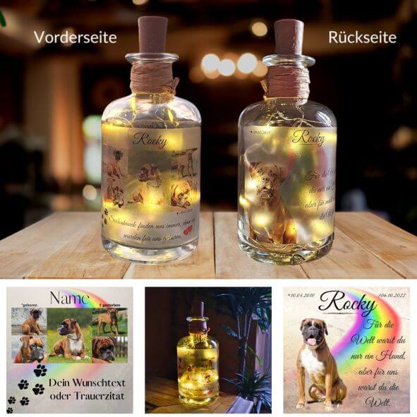 Leuchtflasche mit Bilder von Deinem verstorbenen Hund. Lichterketten Flasche mit Hundebilder und Daten.