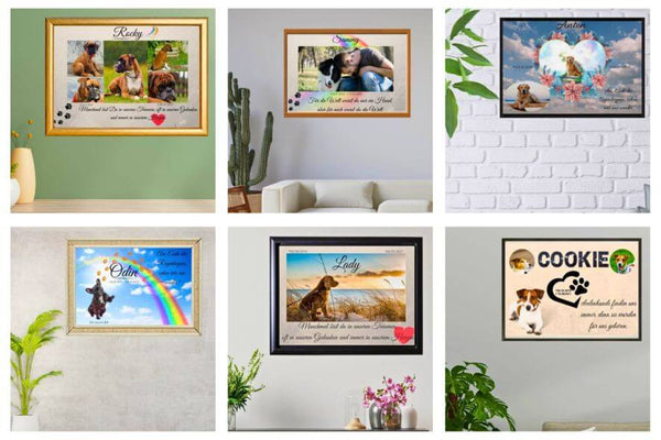 Wandbilder mit Rahmen von verstorbene Haustiere an der Wand. Fotoposter und Trauerbilder personalisiert mit Tierbildern, Namen, Todestag und Informationen des Haustieres.