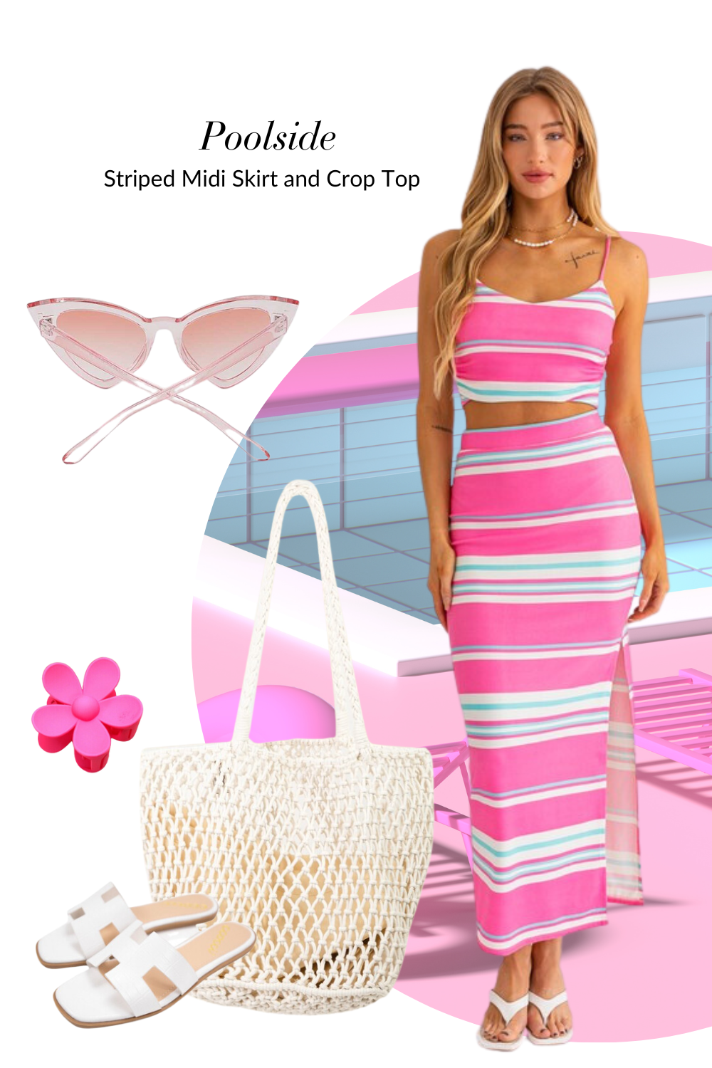 Pink Striped skirt and top white tote bag and sandals, pink flower hairclip, pink cateye sunglasses