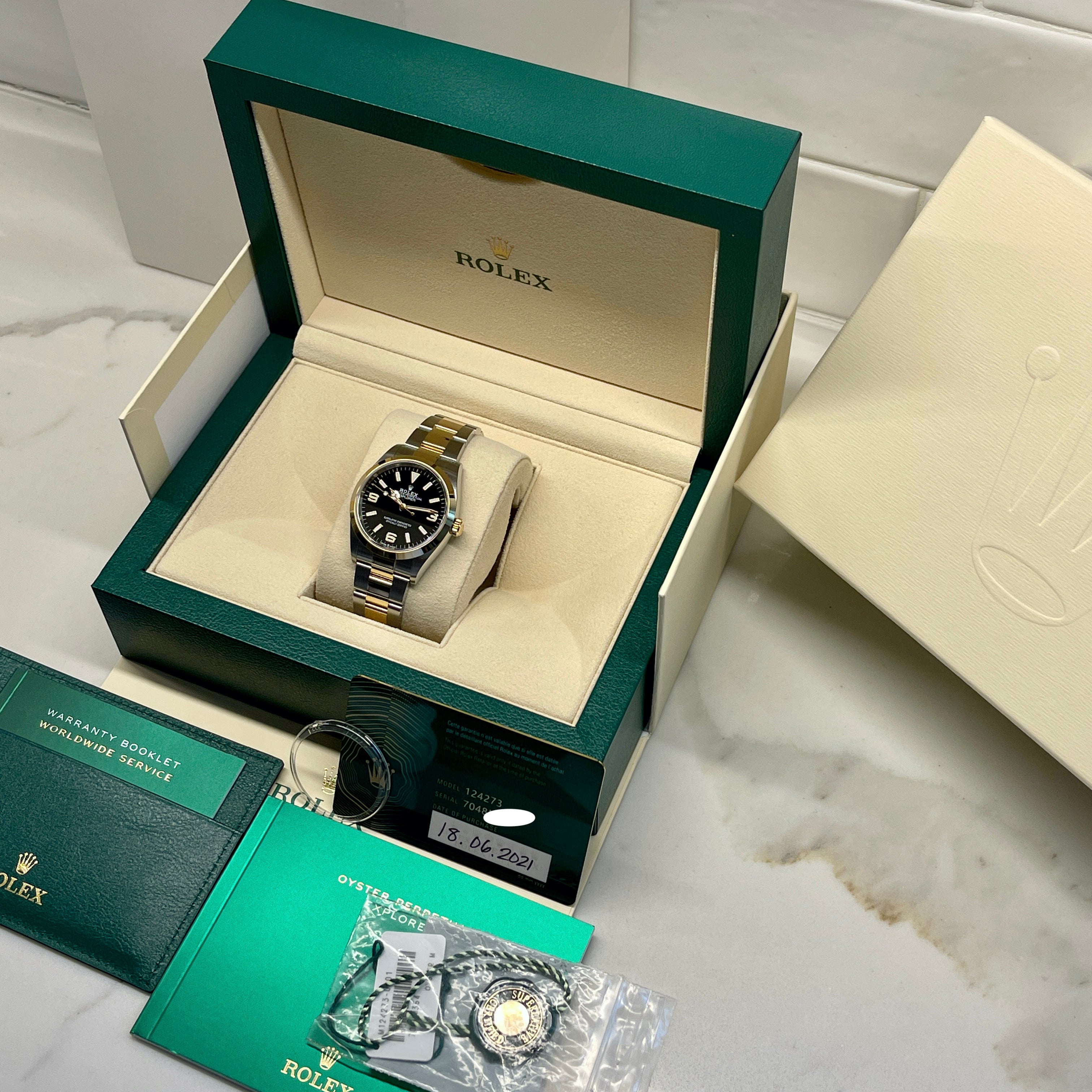 2021 Rolex Explorer 124273 Two Tone Steel Rolesor Gold Oyster Perpetual Steel Wristwatch Box Papers