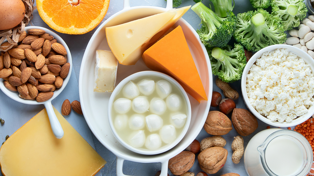 Shot of fruits, vegetables, legumes, dairy products, and nuts