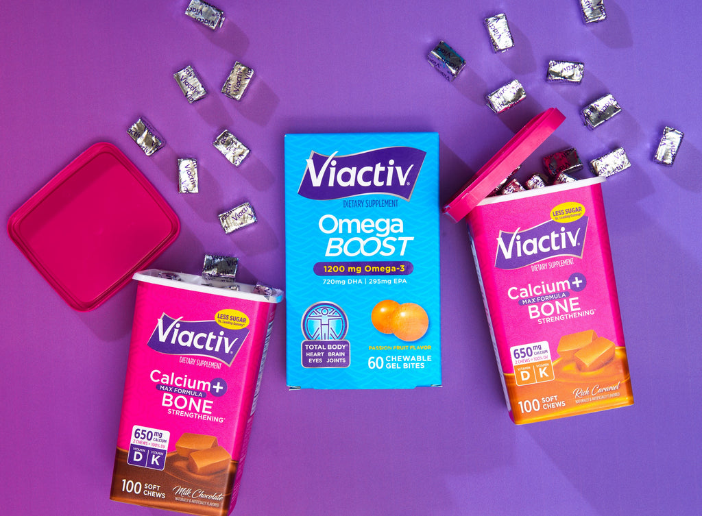 Viactiv Chocolate Calcium Chews packaging on the left, Viactiv Omega Boost Gel Bites packaging in the middle, and Viactiv Caramel Calcium Chews packaging on the right
