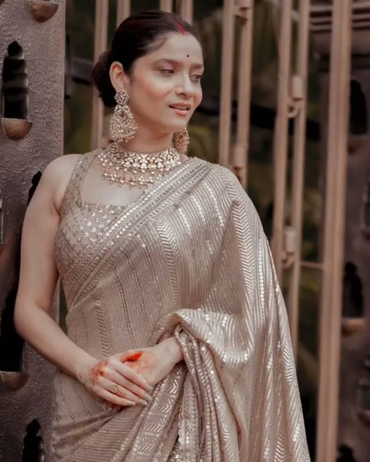 Grey Color Silk Saree With Designer Blouse