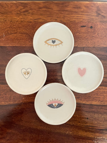 Ceramic coasters with evil eye & heart designs, super cute & elegant styles, perfect for daily use & while hosting guests, durable, good functionality, round cermaic coasters