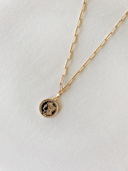 greek coin medallion necklace on gold filled elongated rectangle chain