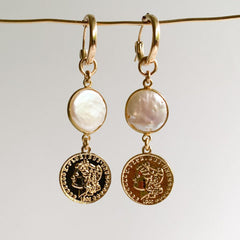 small gold filled hoop earrings with coin pearl and gold coin dangles