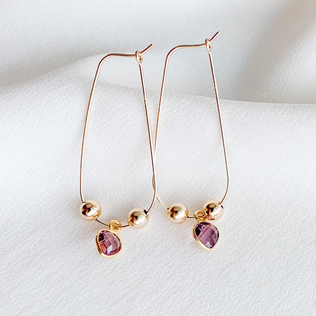 February amethyst drop gold hoop earrings