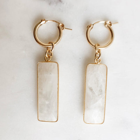 medium gold filled hoop earrings with rectangle shaped bezel set moonstone pendants