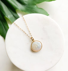 dainty gold filled chain necklace with bezel set coin pearl pendant