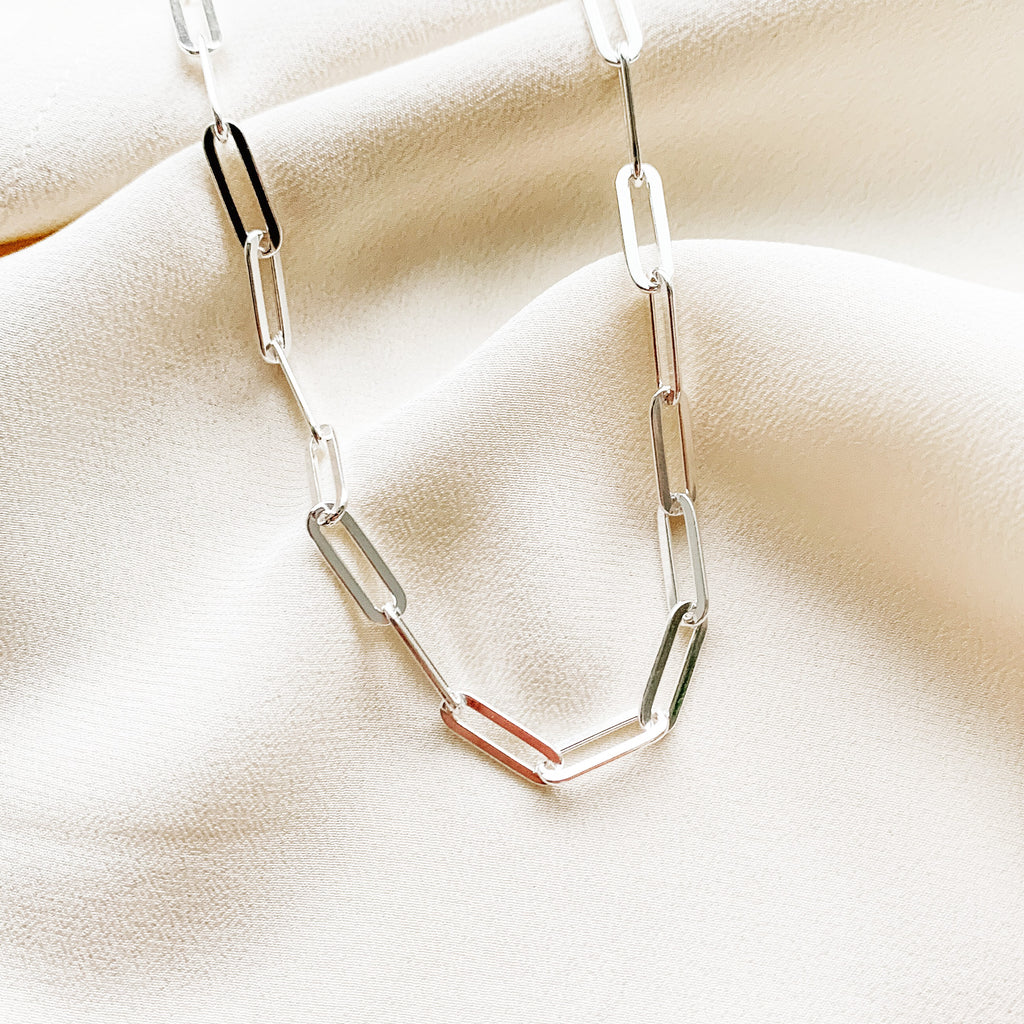 A bold paperclip rectangle link necklace in sterling silver.  