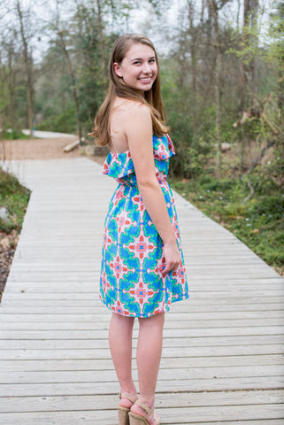 Medallion Print Strapless Dress, Blue and Pink – Two Elle's Boutique