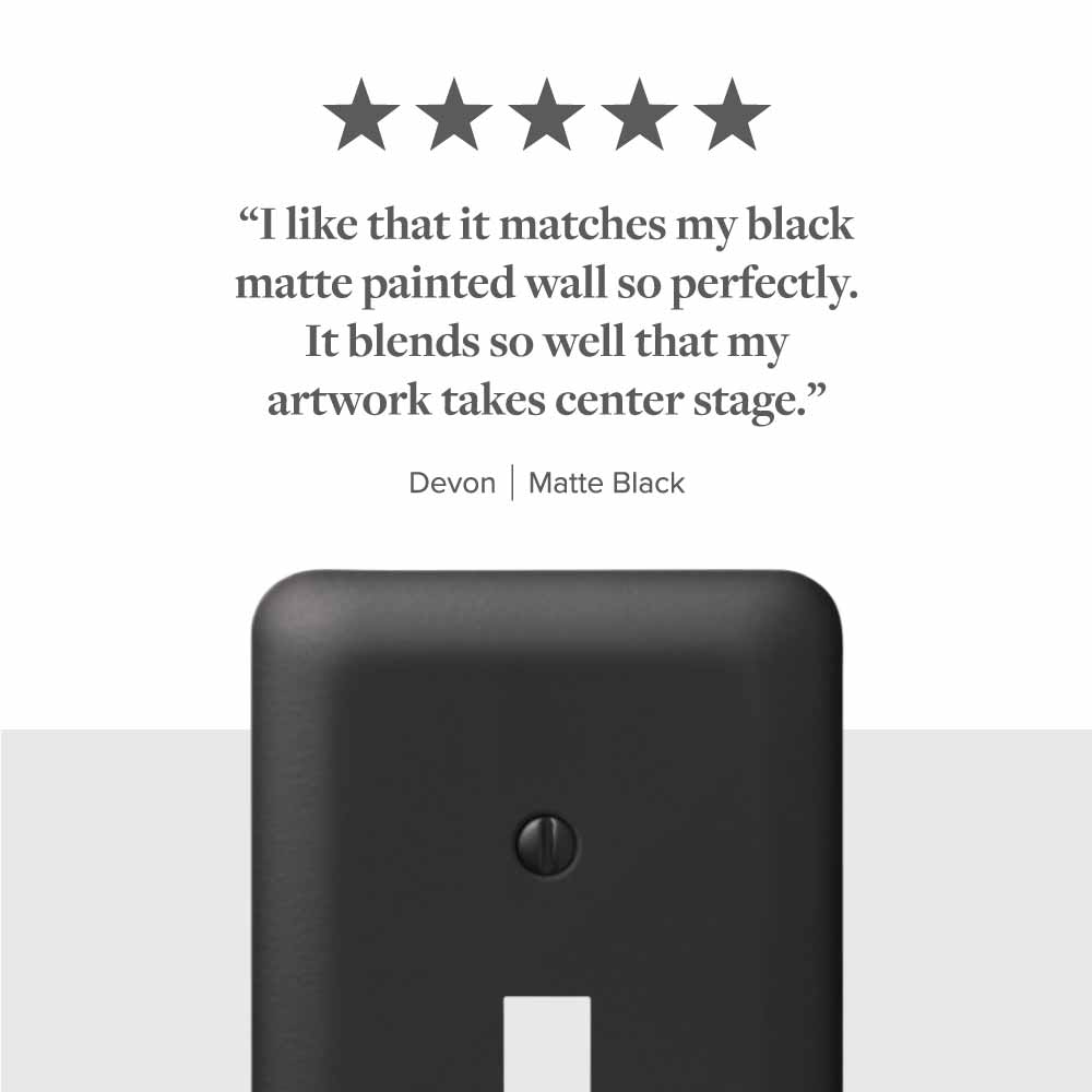 A picture of the Devon matte black wallplate with a happy customer review above it reading 