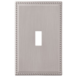 The brushed nickel version of the Perlina Screwless collection of Amerelle decorative metal wallplates