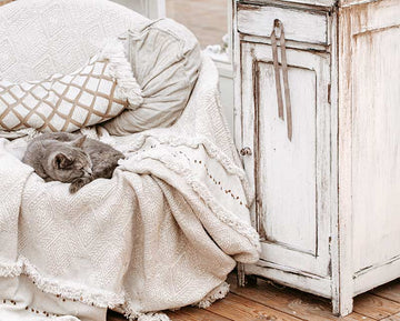 An photo of a French Country Shabby Chic decor style cabinet and comfy couch with a grey cat sleeping on it