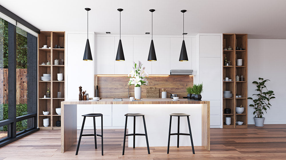 A Modern decor style kitchen with white walls, black lighting and hardware, hardwood floors, a wood backsplash, and wood countertops