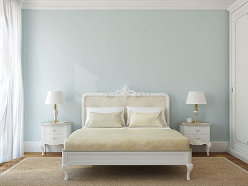 An interior photo of a professionally designed Classical decor style bedroom with light blue walls, white molding, white furniture, and a bed in the center of the room