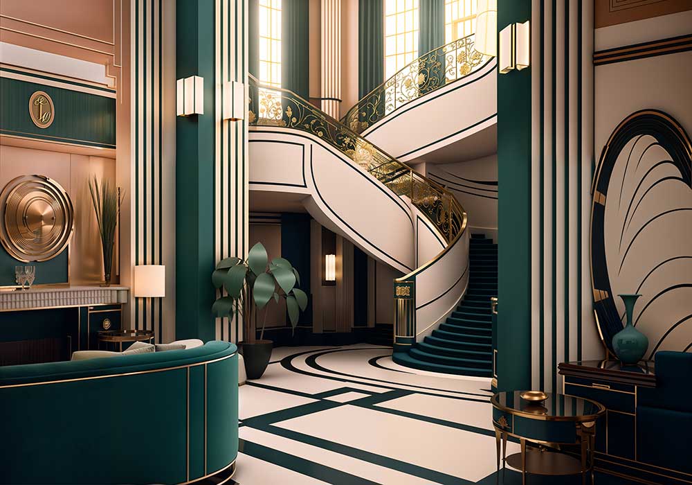 A large Art Deco style lobby and staircase with opulent materials and colors