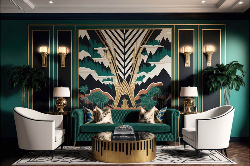 An interior photo of a professionally designed Art Deco decor style living room with a gold coffee table, white chairs, a green velvet couch, and complex wallpaper designs
