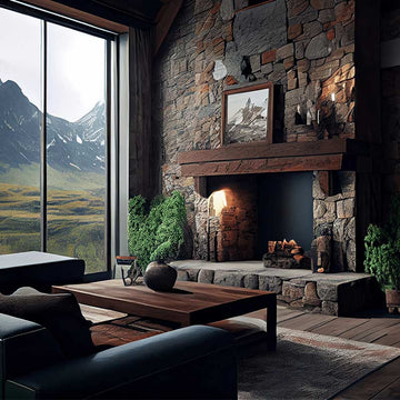 An interior photo of a professionally designed Modern Mountain decor style living room with large windows, a dark neutral color palette, wood floors, and a stone fireplace as the centerpiece of the room