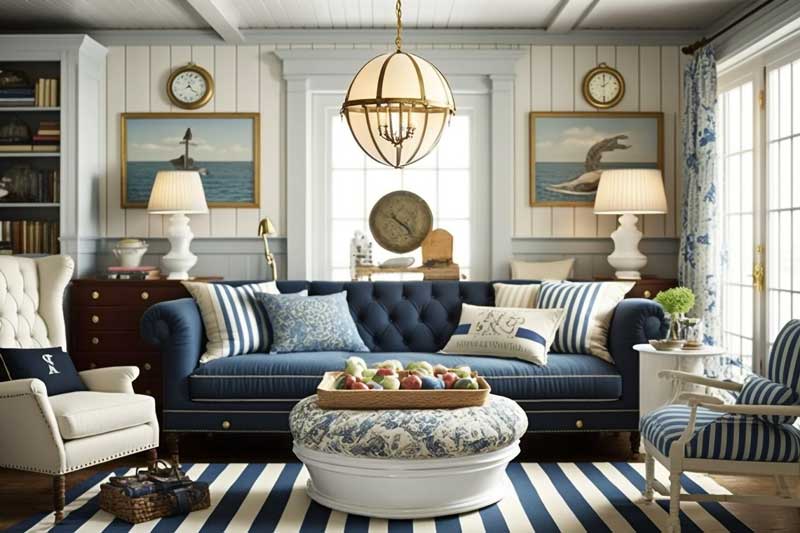 A professionally designed nautical decor living room with a blue couch, blue and white striped area rug, brass fixtures, paintings of the ocean, and white wood plank walls