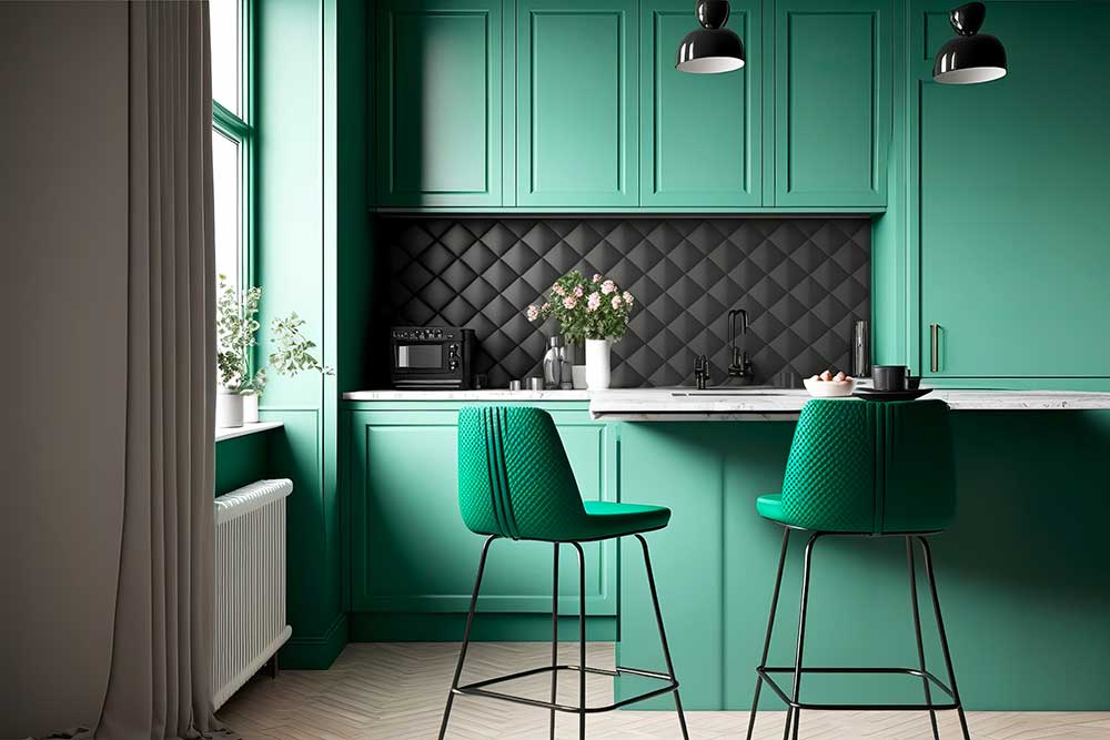 An Art Deco style kitchen with emerald green bar stools and cabinetry, marble countertops, and a black geometric backsplash