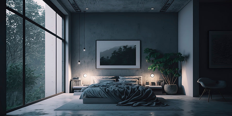 A Brutalist decor style bedroom with high ceilings, cement everything, a low-sitting bed, large windows, and a large frame photo above the bed