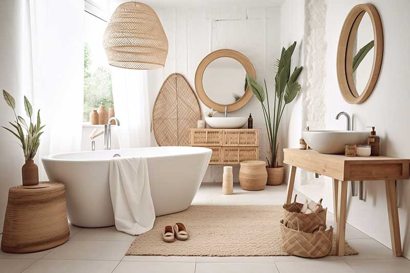 A photo of a Bohemian decor style bathroom with white walls, tile floors, a woven rug, wood furniture, and a white bathtub in front of a window that is letting in natural light