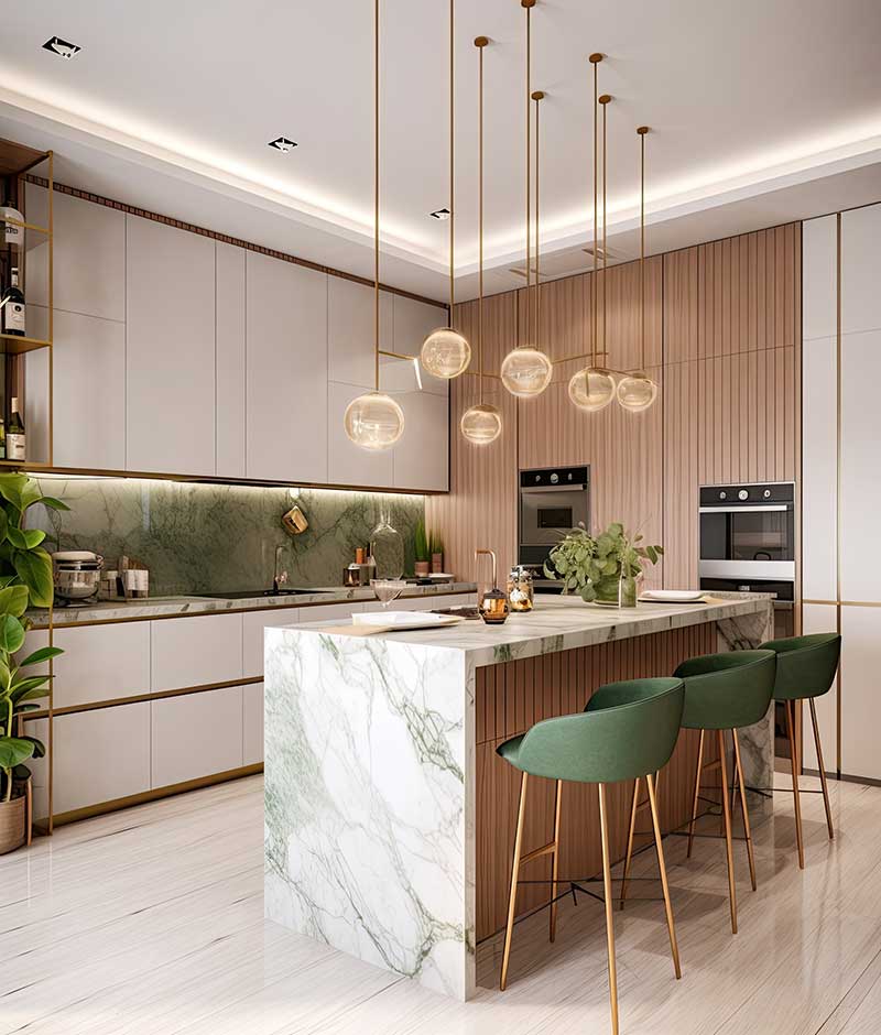 A photograph of a professionally designed Contemporary kitchen with a marble countertop, wood paneled walls, trendy green bar stools, and dropdown globe lights